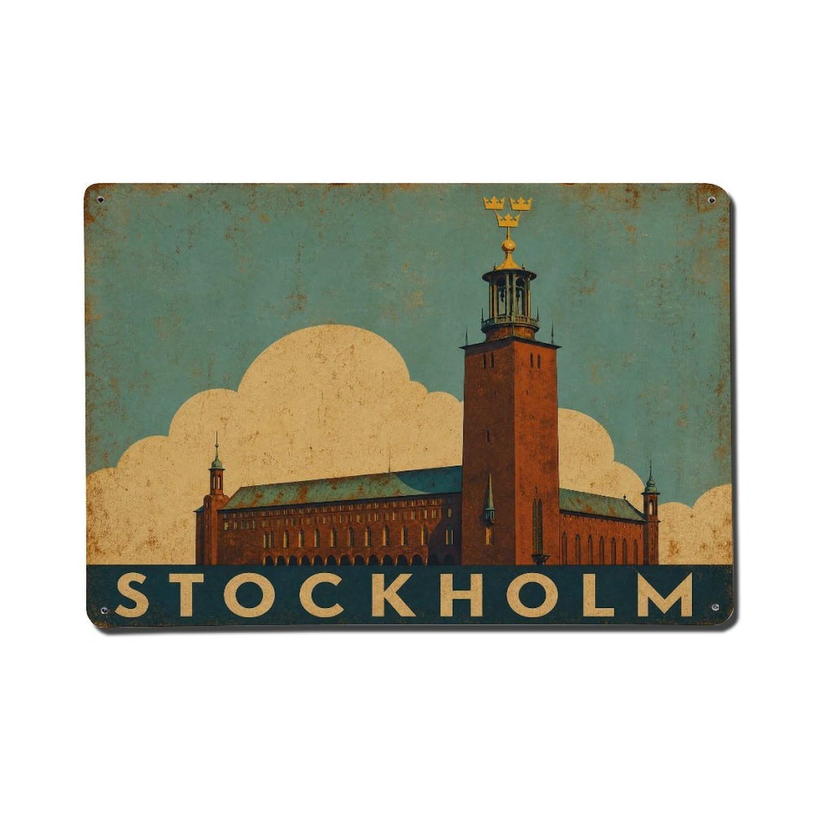 Huiyhb 8X12inch(20X30cm) Vintage Travel Stockholm City Hall Tower Sweden Metal Tin Sign