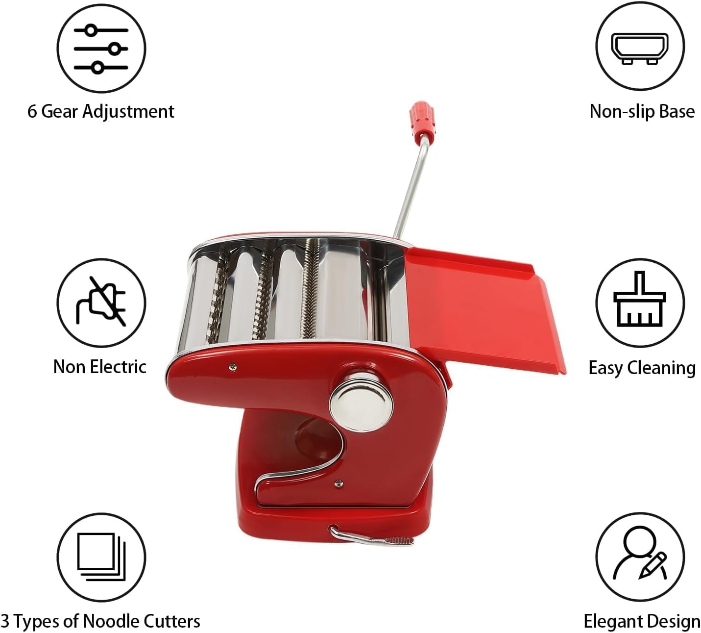 Pasta Maker Machine, Manual Noodle Maker with Suction Base Adjustable Thickness Stainless Steel Manual Roller Pasta Makers for Spaghetti, Fettuccine, Lasagna, Dumpling Skins (Red)