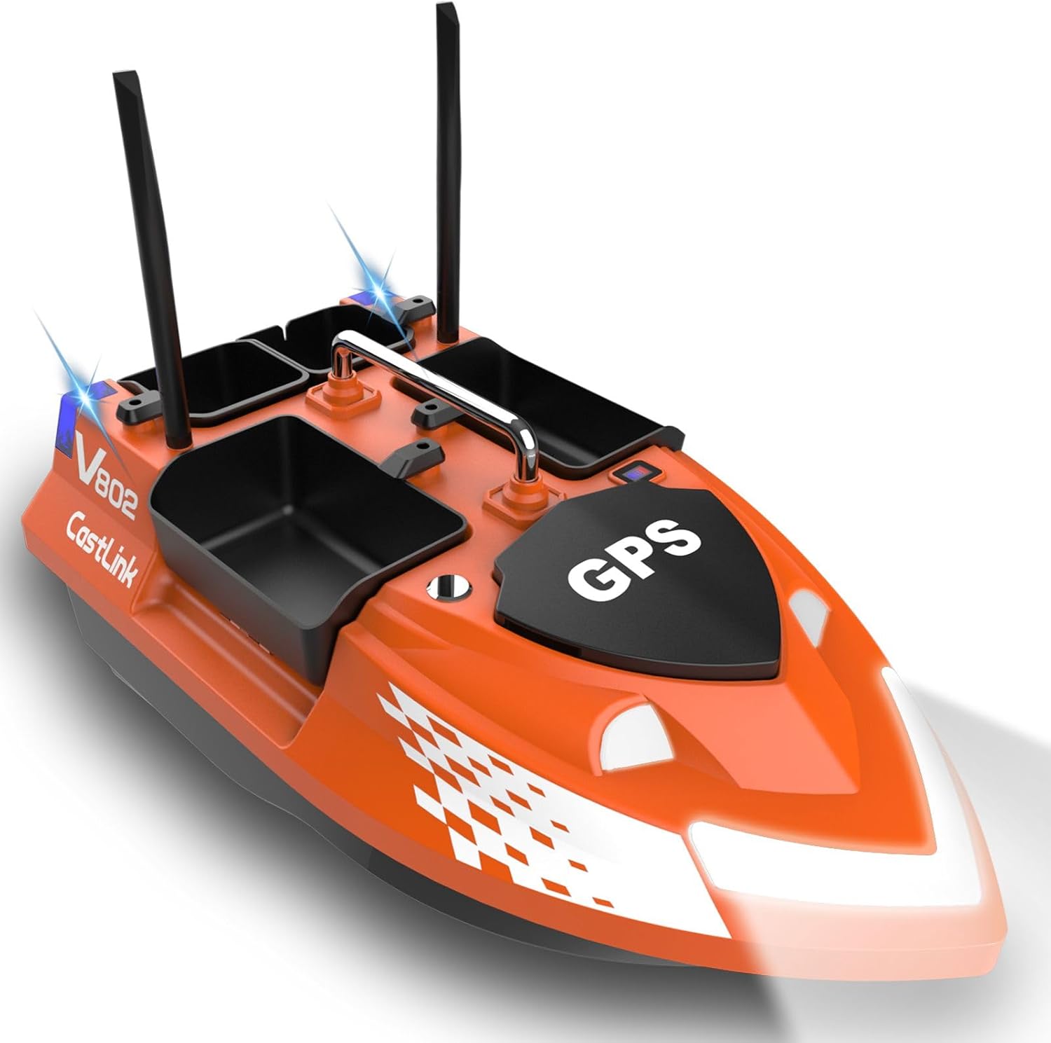 Top-down view of the Flytec V802 Pro Bait Boat, showing the GPS module and four bait hoppers.