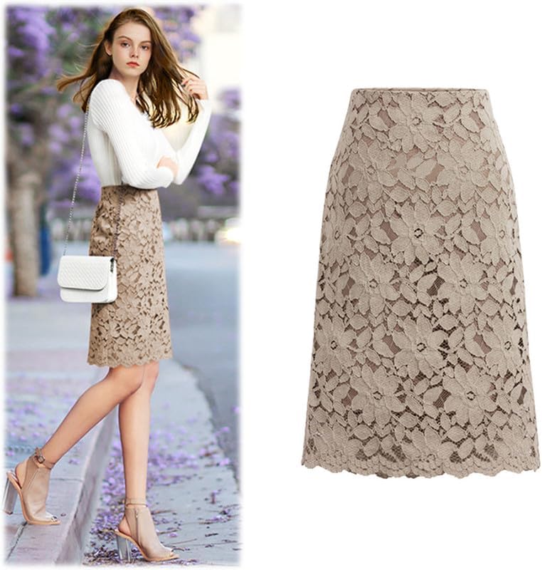Lace Midi Skirts for Women, High Waist A-Line Skirts with Lined Floral Overlay - Perfect for Party, Date & Bridal - Image 2