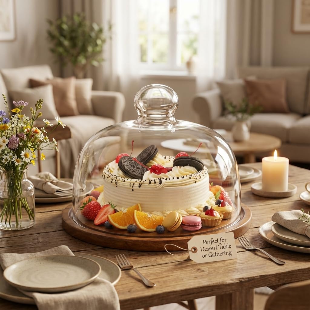 QWORK Glasglocke mit Tablett aus Akazienholz, 17,8 cm Durchmesser, Dessert- und Käse-Displayabdeckung mit Knaufgriff für einfachen Zugriff, vielseitige Servierplatte für Unterhaltung und Dekoration