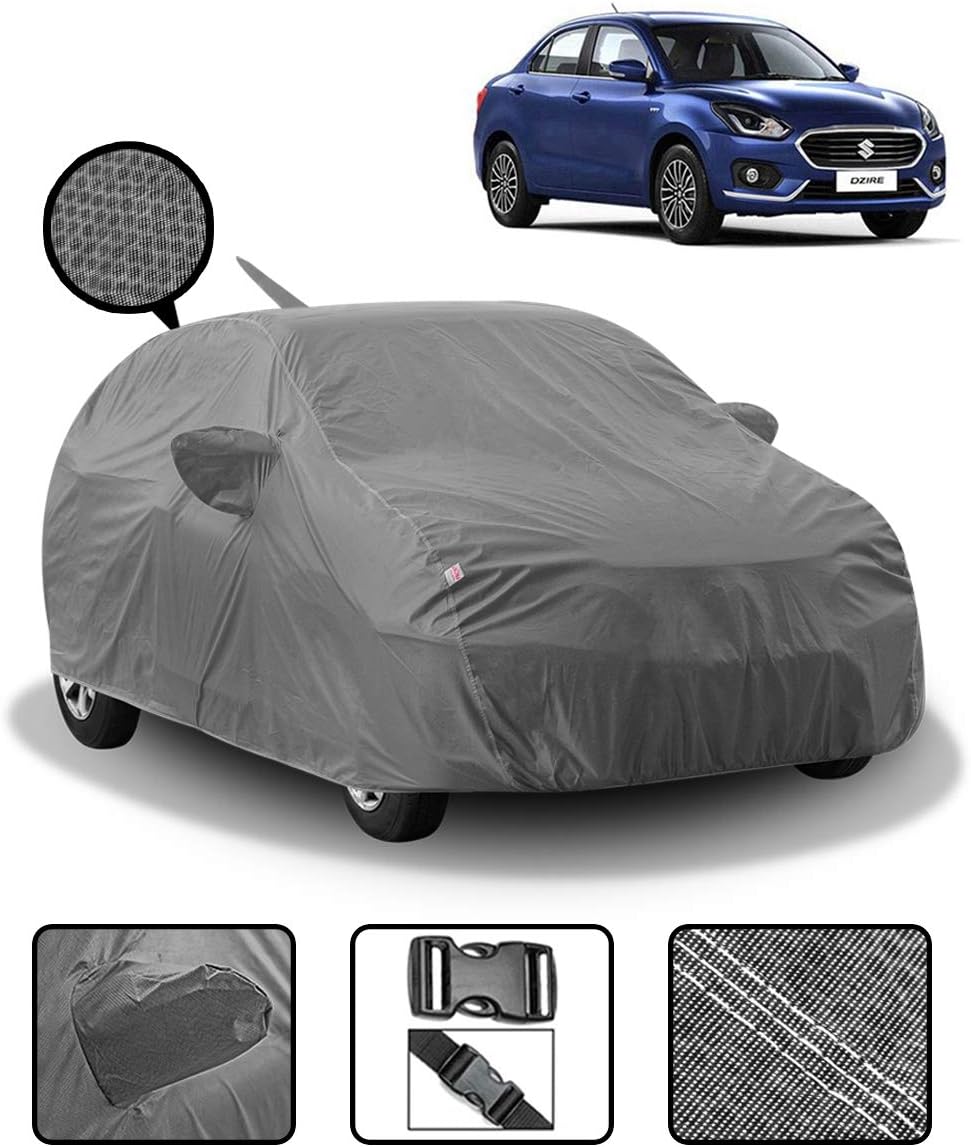 SpaikoCar Polyester Body Cover Compatible with Maruti Dzire 2018-2020 with Mirror & Antenna Pockets & (Heavy Duty, Full Sized, Triple Stitched_Grey)