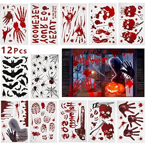 Halloween Bloody Window Stickers, Fyvadio PVC Halloween Bloody Handprint Footprint Decals, Removable and Reusable Window 3D Bat Spider Sticker, Window Stickers for Halloween Party Decorations Cover