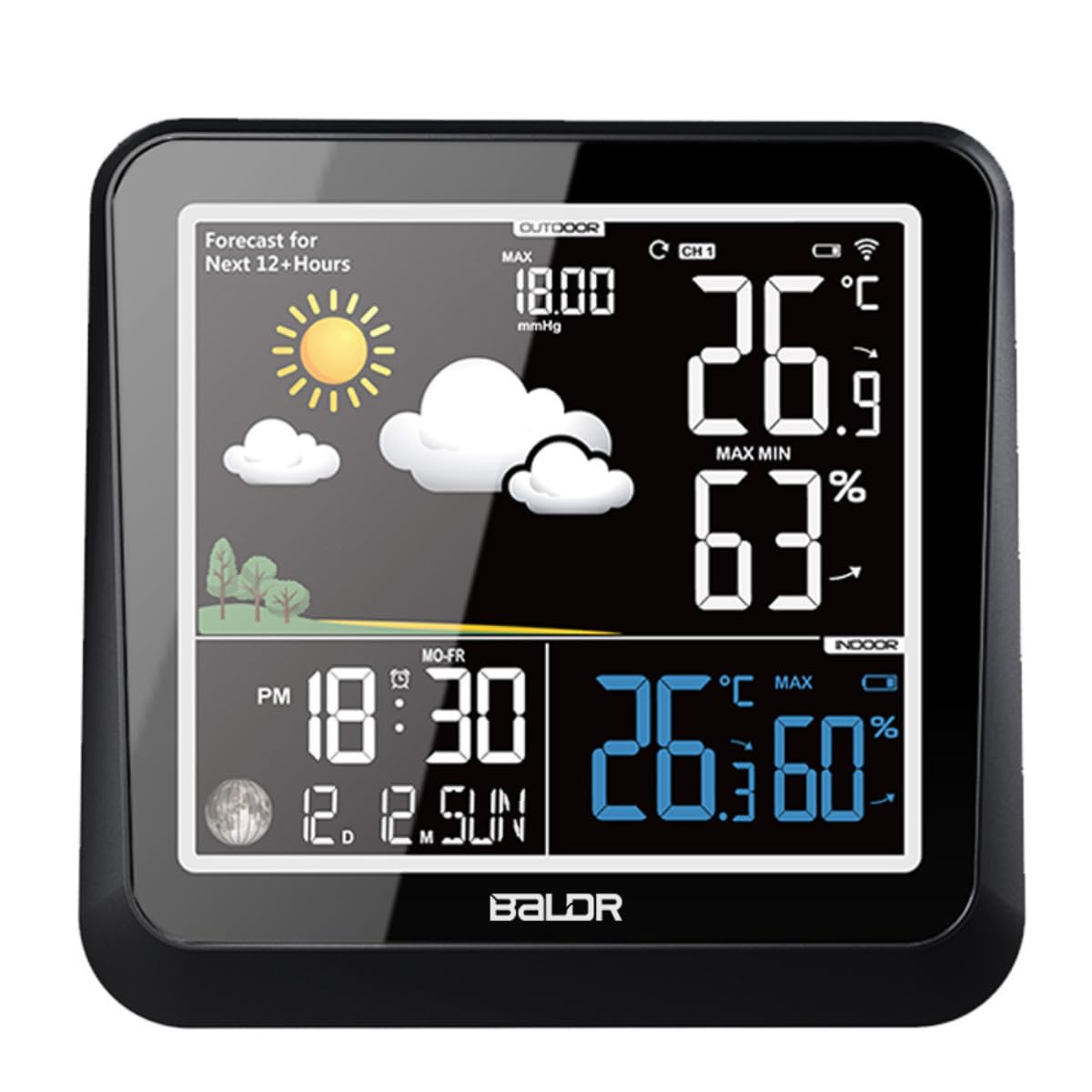 BALDR Funk-Wetterstation with Außensensor - 3 Kanäle - Digitales Thermometer Hygrometer für Innen und Außen -Feuchtigkeit Wettervorhersage - Datum, Uhrzeit - Mondphasen