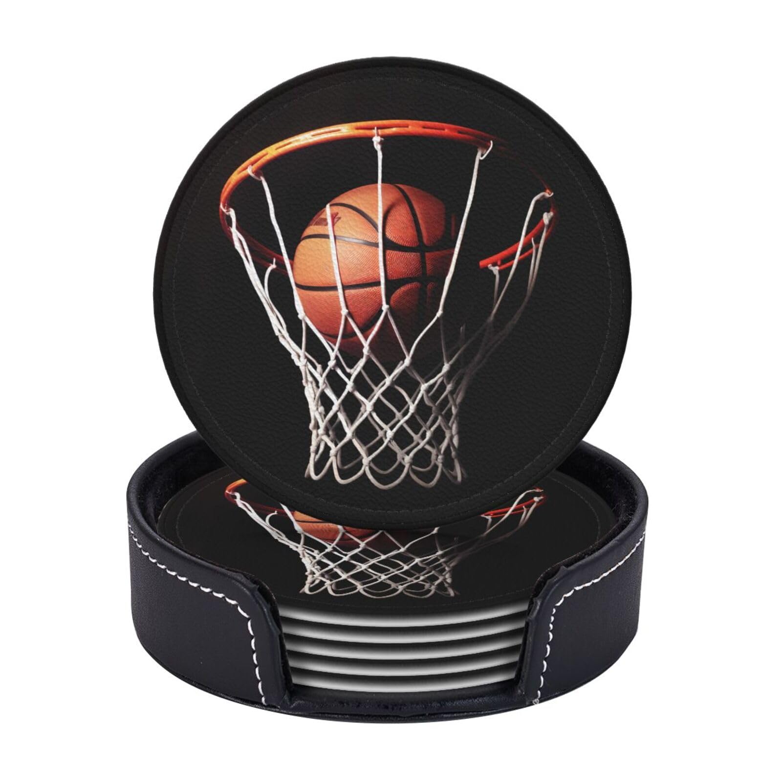 Round Coasters for Drinks Set of 6 - PU Leather Coasters with Holder - Modern Drink Coasters for Coffee Table - Basketball Coaster for Tabletop Protection 4" Cup Mat Pad