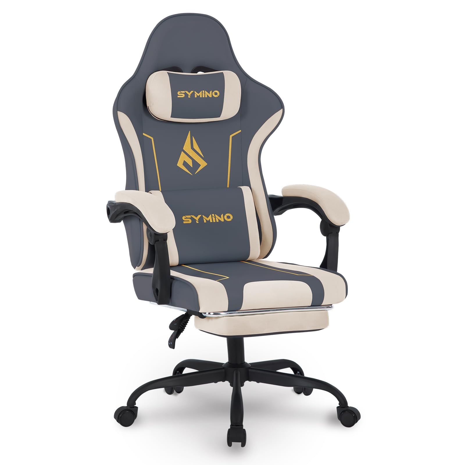 Symino Gaming Chair, Ergonomic Computer Chairs, Adjustable Swivel Task Chair with Lumbar Support and Footrest, Latex filling PC Chairs, PU Leather&Faux Suede Game Chair for Adults, Grey&Beige — image 1