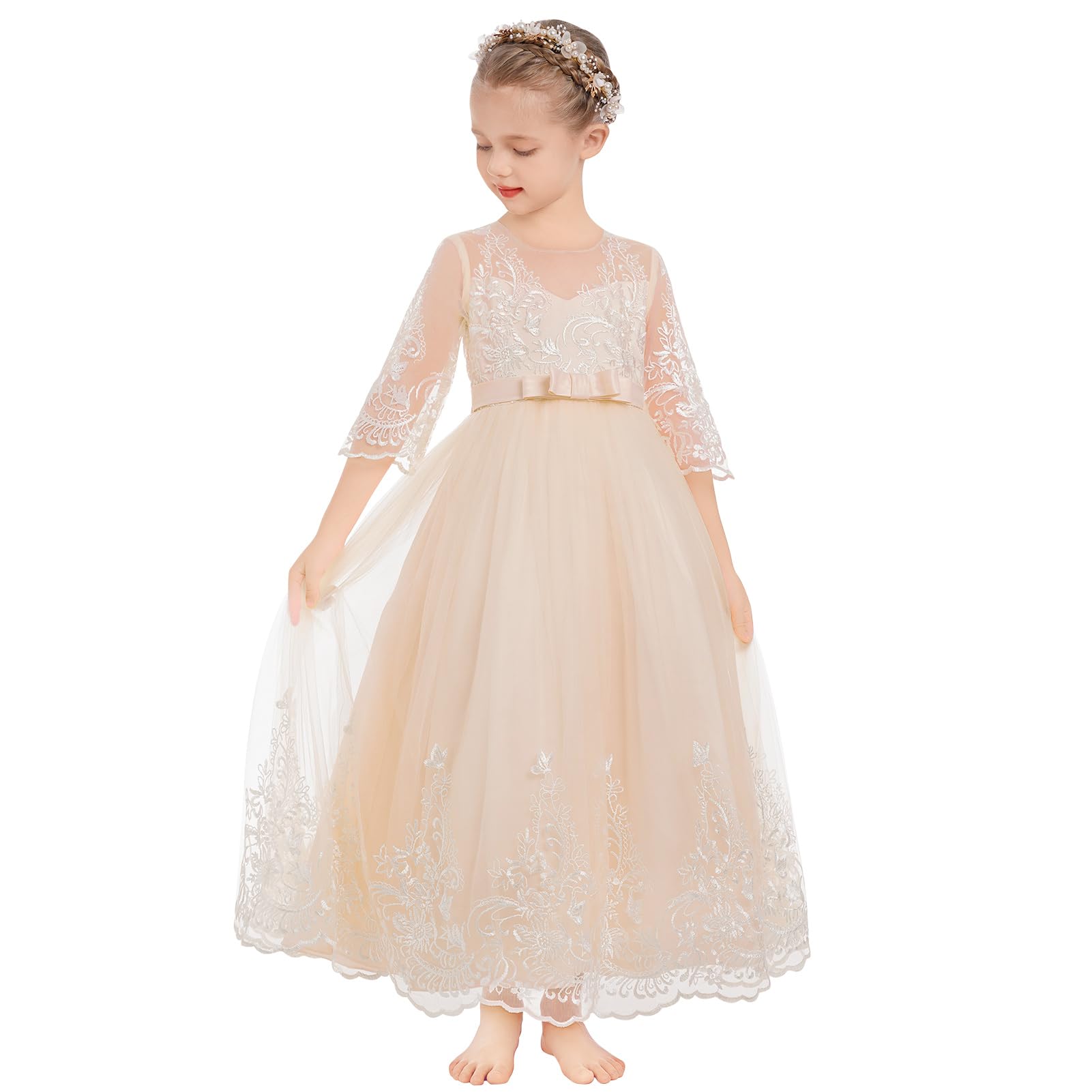 Odizli Vestidos de niña de flores para niñas con mangas 3/4, bordado de princesa, vestido de línea A, vestido festivo, boda, vestido largo de baile