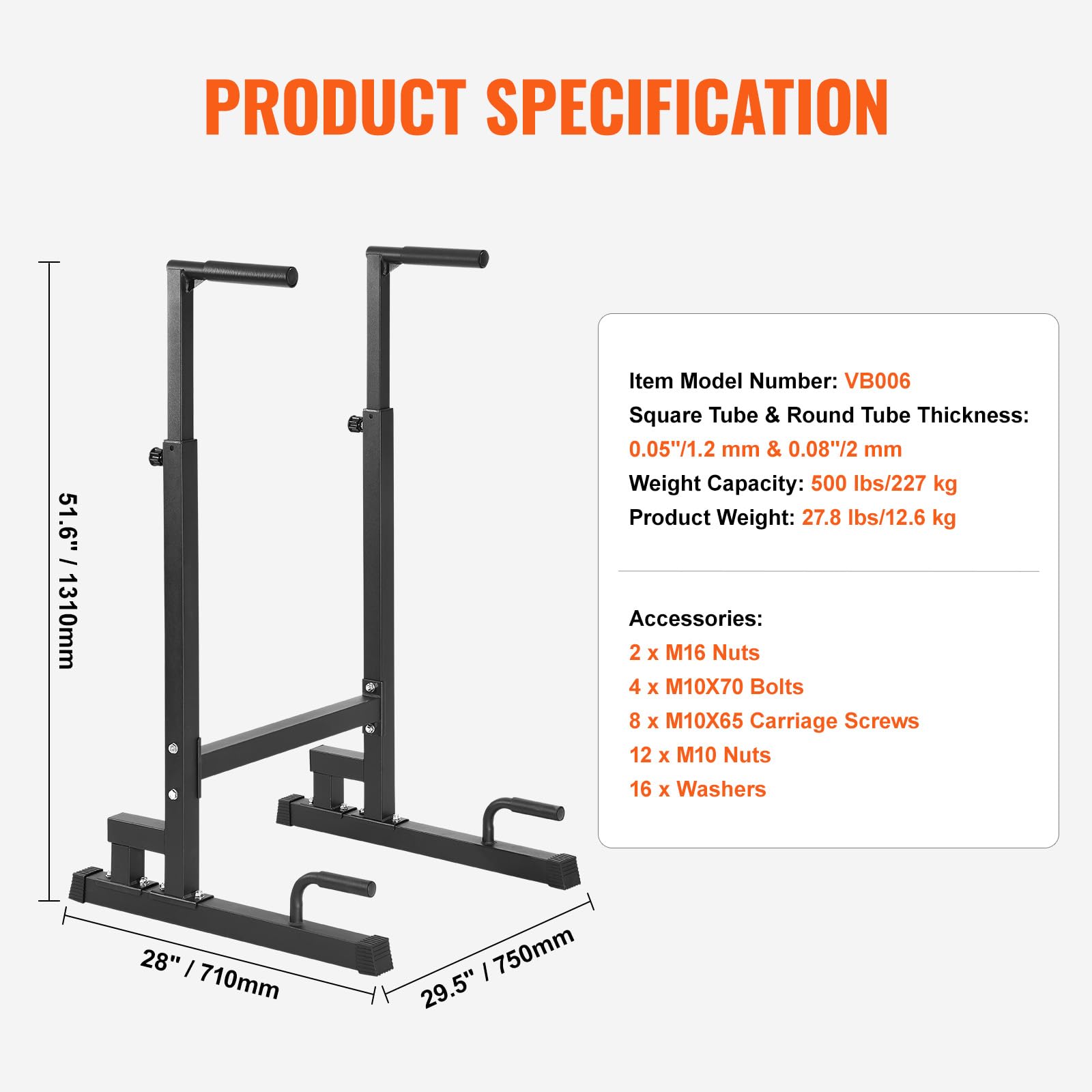 VEVOR Barre Dips, Capacité de 227 kg, Station de Dips Très Résistante avec Hauteur Réglable, Station de Barre d'Entraînement de Fitness, Barres Parallèles pour l'Entraînement de Force à la Maison