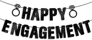 Pre-Strung Happy Engagement Banner - Black Glitter Engagement Party Decor