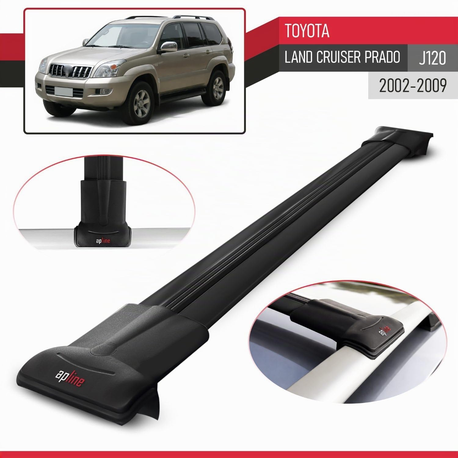 Compatible con Toyota Land Cruiser Prado (J120) 2002-2009 Modelo Fly Barra de Techo Auto Portaequipajes Barras Transversales Negro Aluminio 2 Barras
