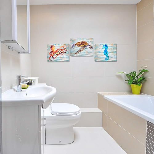 Miniatura 4 de KREATIVE ARTS 3 impresiones en lienzo para pared, diseño de pulpo, tortuga, azul, hipocampo, imágenes sobre estilo vintage de madera impresas en