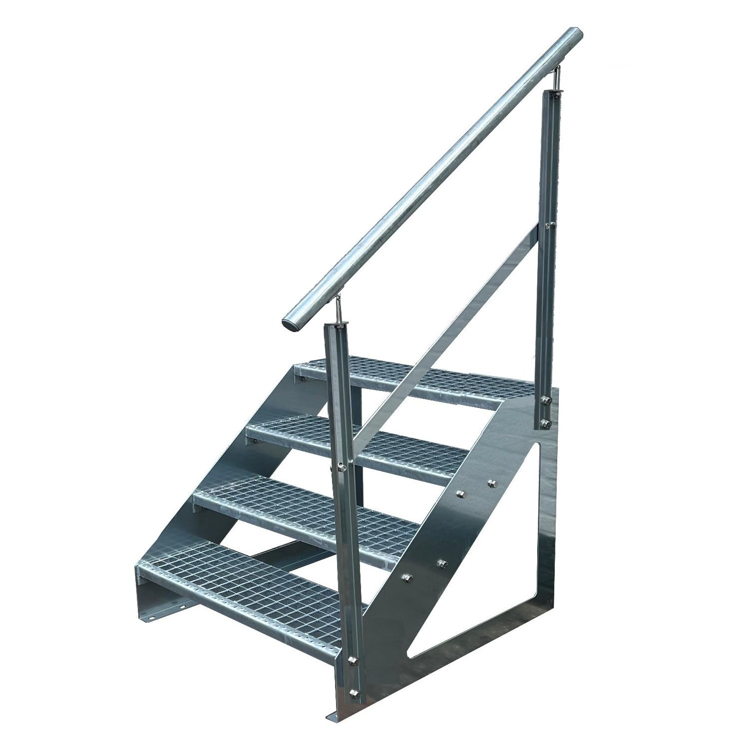 Premium Treppe Freistehend 4 Stufen Geländer Rechts (Breite 600 mm) (Höhe 76cm) Wetterfest Gitterroststufe Gartentreppe