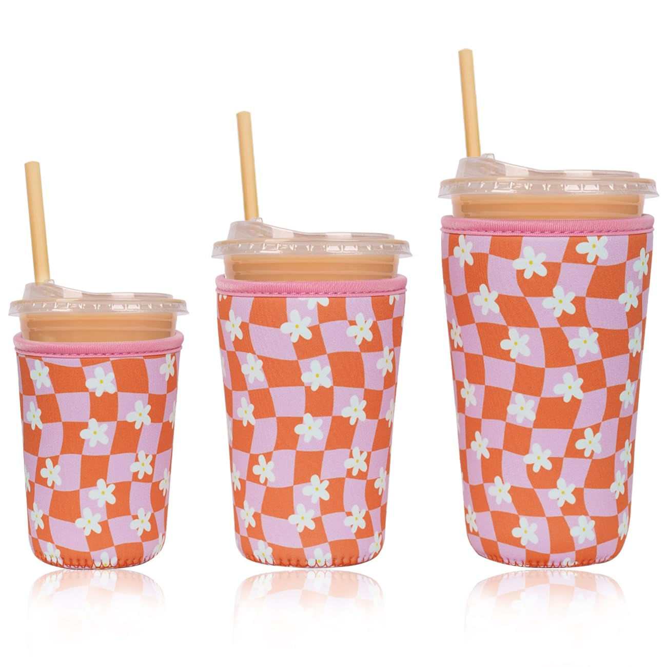 Reusable Insulated Neoprene Iced Coffee Cup Sleeve, Durable Drink Sleeve for Cold Beverages, Beverage Holder for Iced Coffee (Daisy Grid)