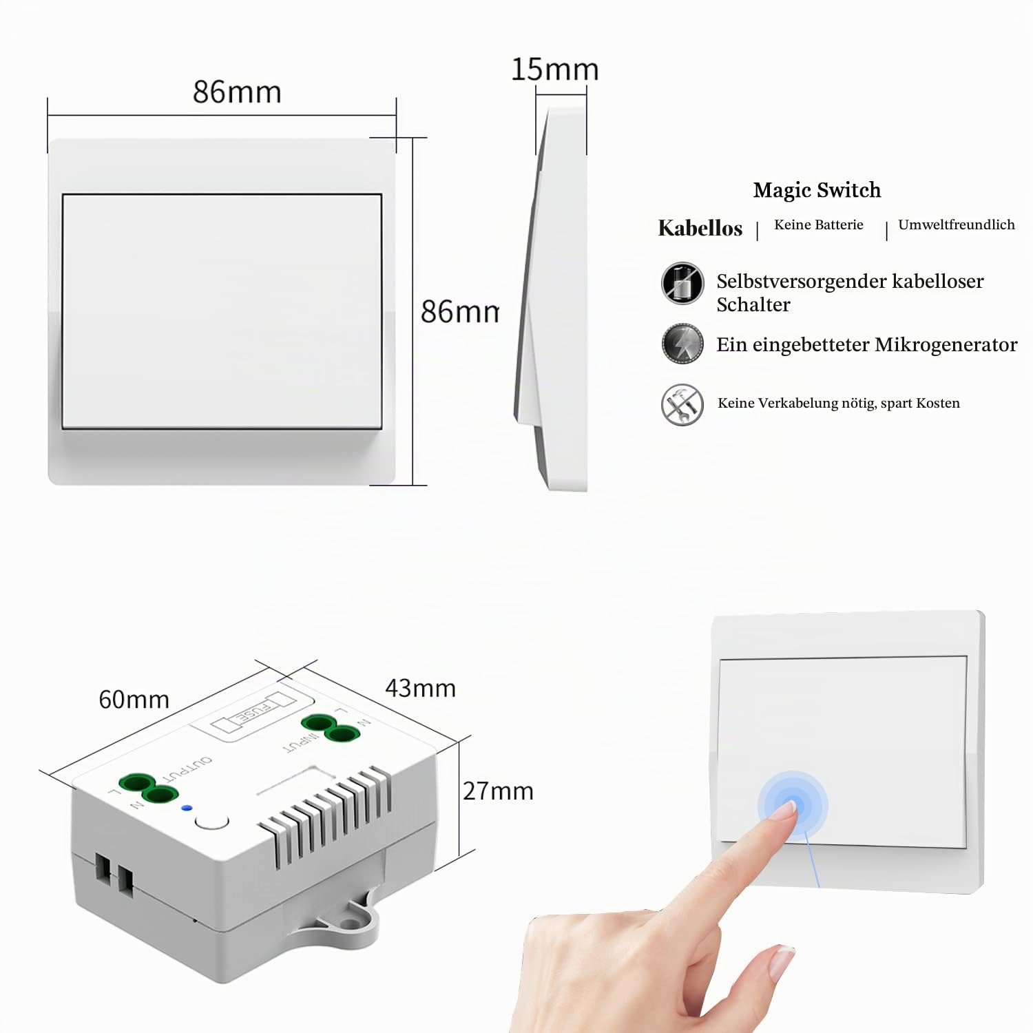 DieseRC Selbst-generierender Funk Lichtschalter, RF Funkschalter und Relais Empfänger, Controller mit Sicherung, Kinetischer Schalter ohne Batterie