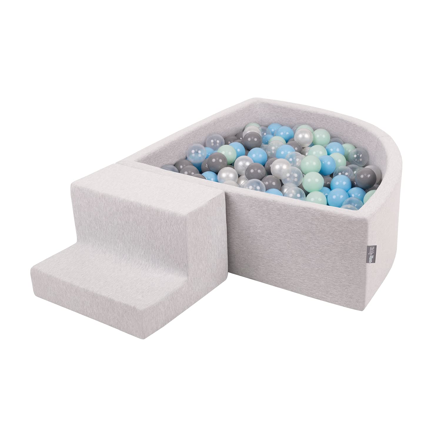 KiddyMoon Foam Playground For Kids With Quarter Angular Ballpit (200 Balls) Obstacle Course, Lightgrey:Pearl/Grey/Transparent/Babyblue/Mint