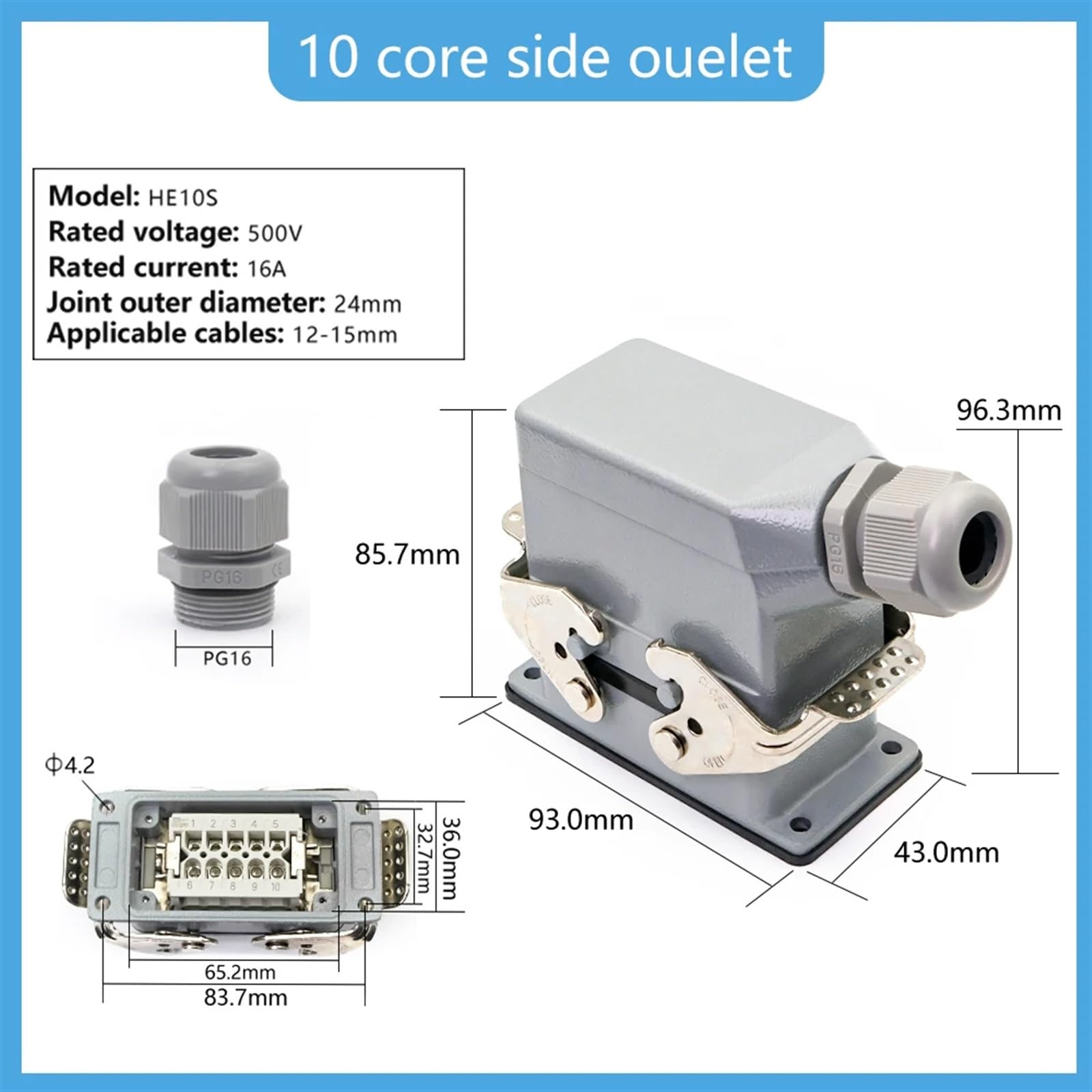 Conector rectangular de alta resistencia HDC HE 10 pines 500 V 16 A contacto conector de tornillo de alimentación industrial entrada lateral/superior HDC-HE-10(Side entry)