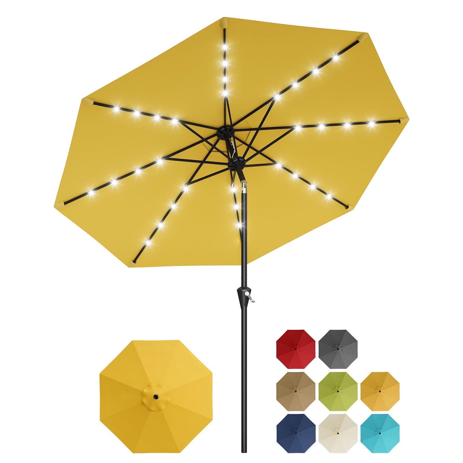Garvee Sombrilla de Jardín LED Solar 300 cm, Parasol Exterior de Poliéster 180g/m² con 8 Varillas Acero, Manivela, Inclinación 30° Ajustable y Protección UV, Ideal para Terraza y Patio
