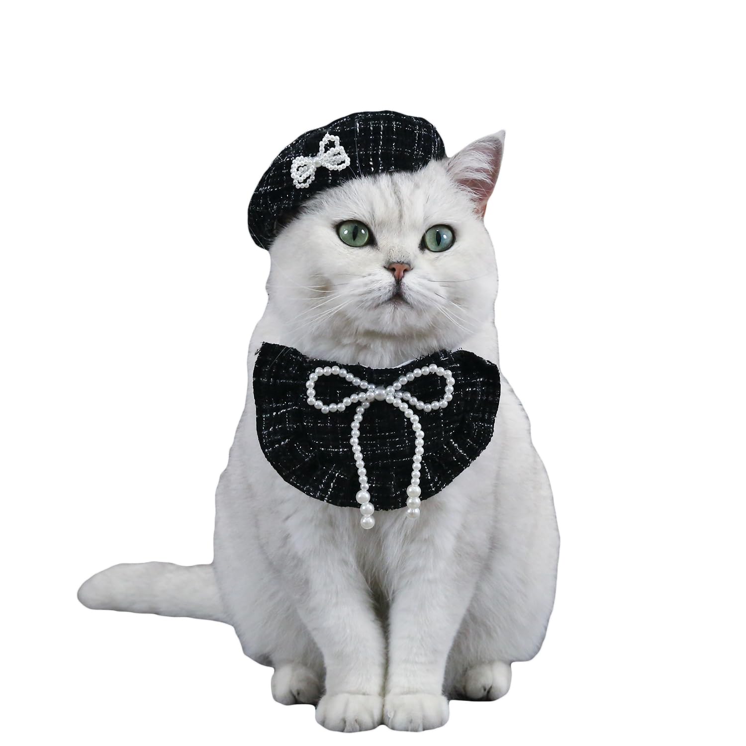 aoozleny Pet Costume Set with Pearl Bow Beret Hat and Ruffle Bib Collar, for Cats and Dogs (Black, One Size)