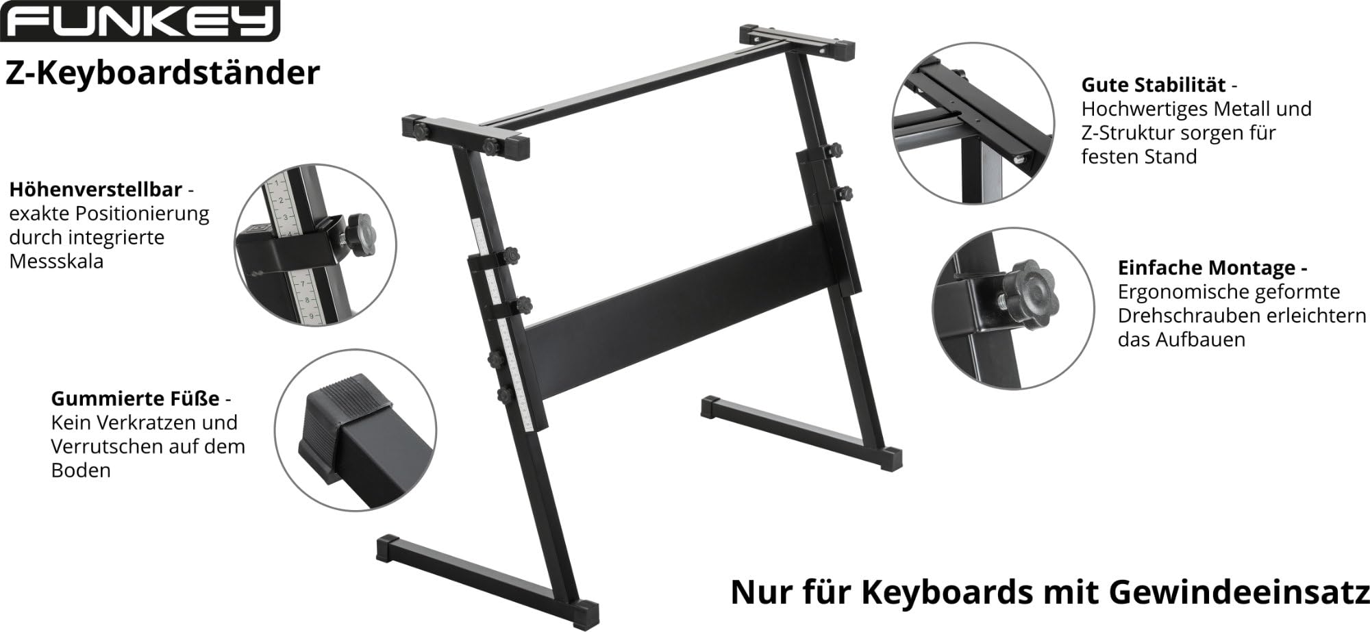 McGrey Soporte para Teclado Z - Tornillos de Giro Ergonómicos - Posicionamiento Preciso Gracias a la Escala Integrada - Altura Ajustable de 55 a 83 cm - Pies Goma para Evitar Rayones en el Suelo