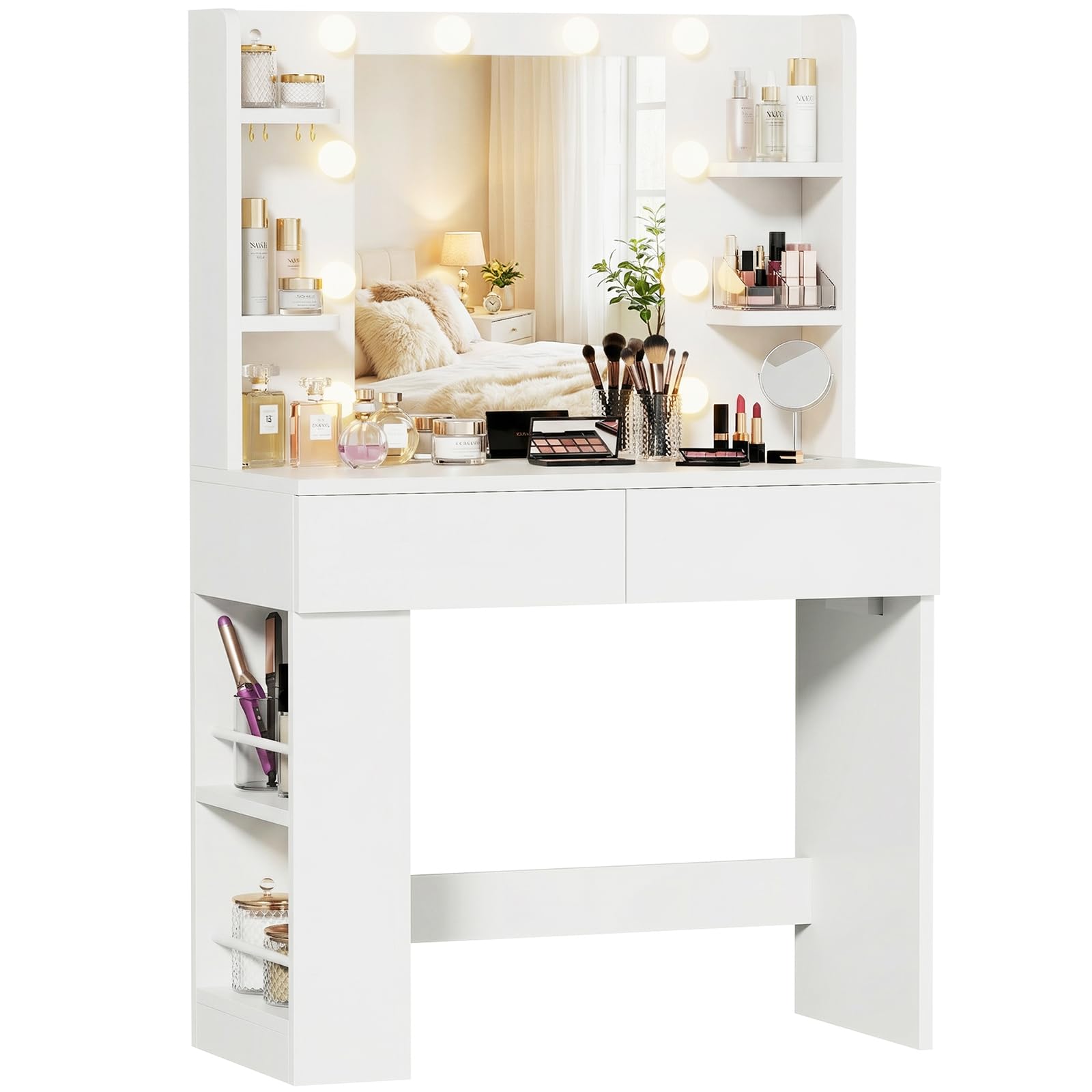 Devoko Coiffeuse avec Miroir LED, Luminosité Réglable, 108x40x126cm, Table de Maquillage avec 2 Grand Tiroirs, 4 Étagères et Rangement Latéral (Blanc, Modèle Globe de 90 cm)