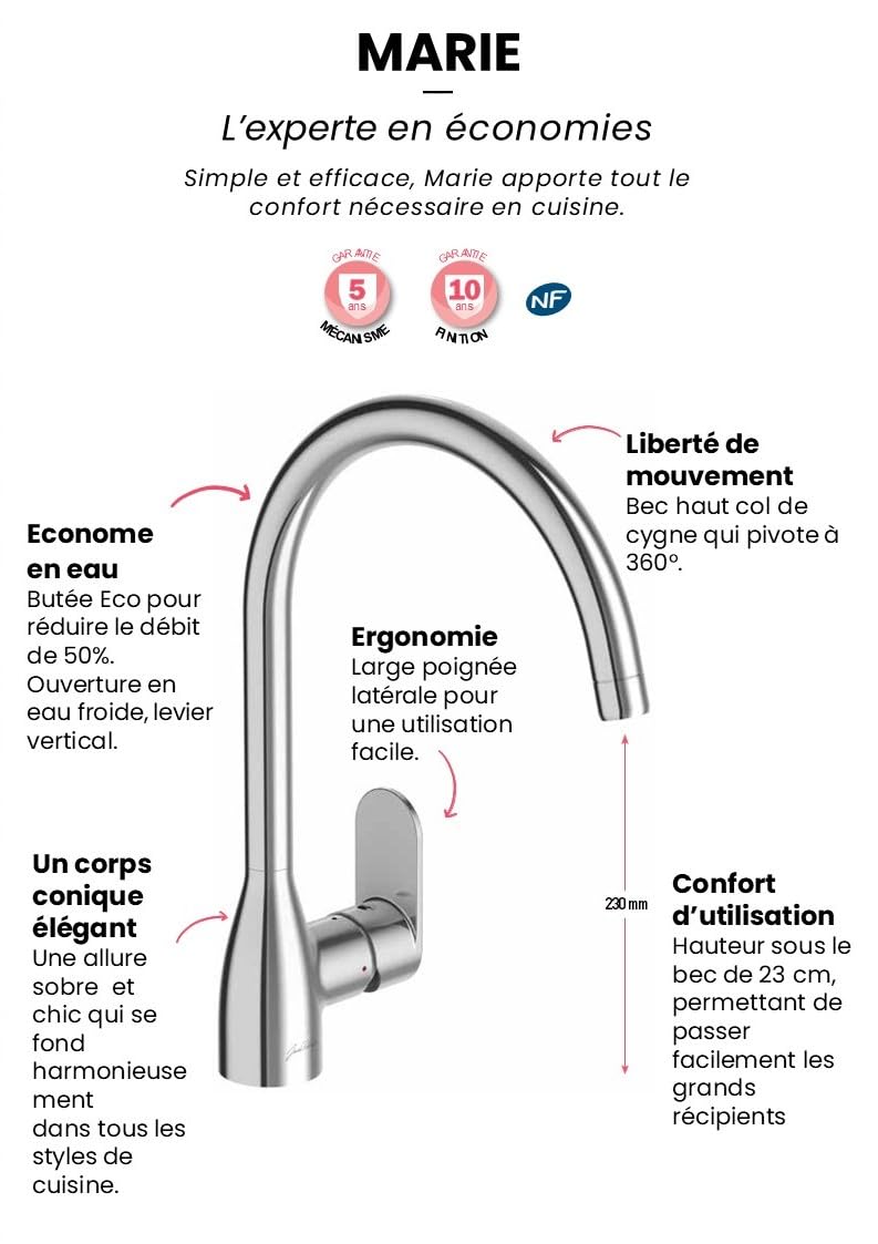 Jacob Delafon - Mitigeur d'Évier de Cuisine Marie - Col de cygne - Bec pivotant 360° - Économie d'eau - 35x22,7x8,3m - Finition Chrome - E21151-CP