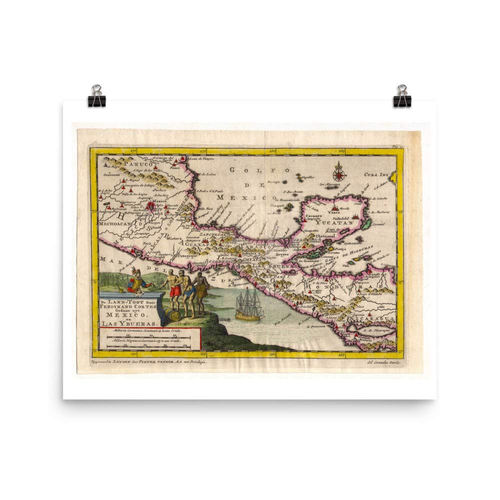 Poster du Mexique Ferdinand Cortes 1707 carte vintage pour décoration murale rétro