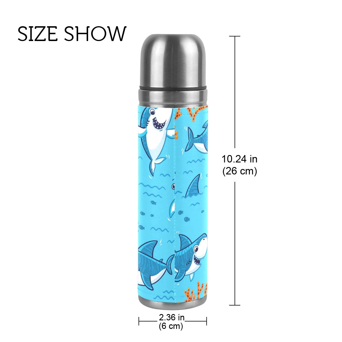 Taza de viaje aislada al vacío de acero inoxidable con doble pared a prueba de fugas, botellas de taza con diseño de tiburones con estampado personalizado impreso en piel auténtica, 500 ml