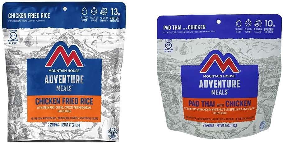 Mountain House Chicken Fried Rice and Pad Thai with Chicken Freeze Dried Backpacking & Camping Food Bundles (2 Servings Each)