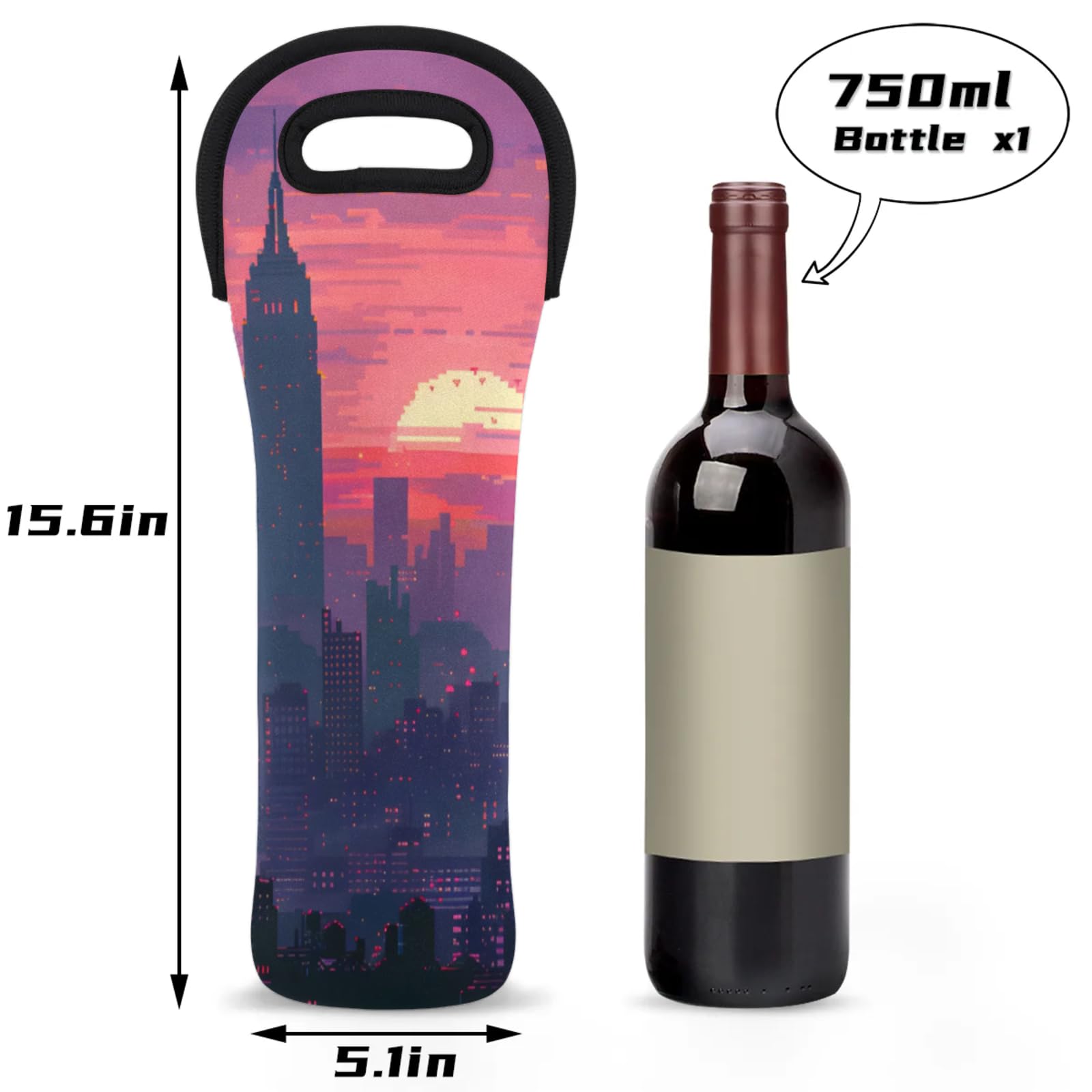 Neoprene Wine Tote Carrier Bag for Wine,Water, Champagne, Beer, Baby Bottles 15.6 x 5.1 Inches, Protective Wine Bag,City Sunrise