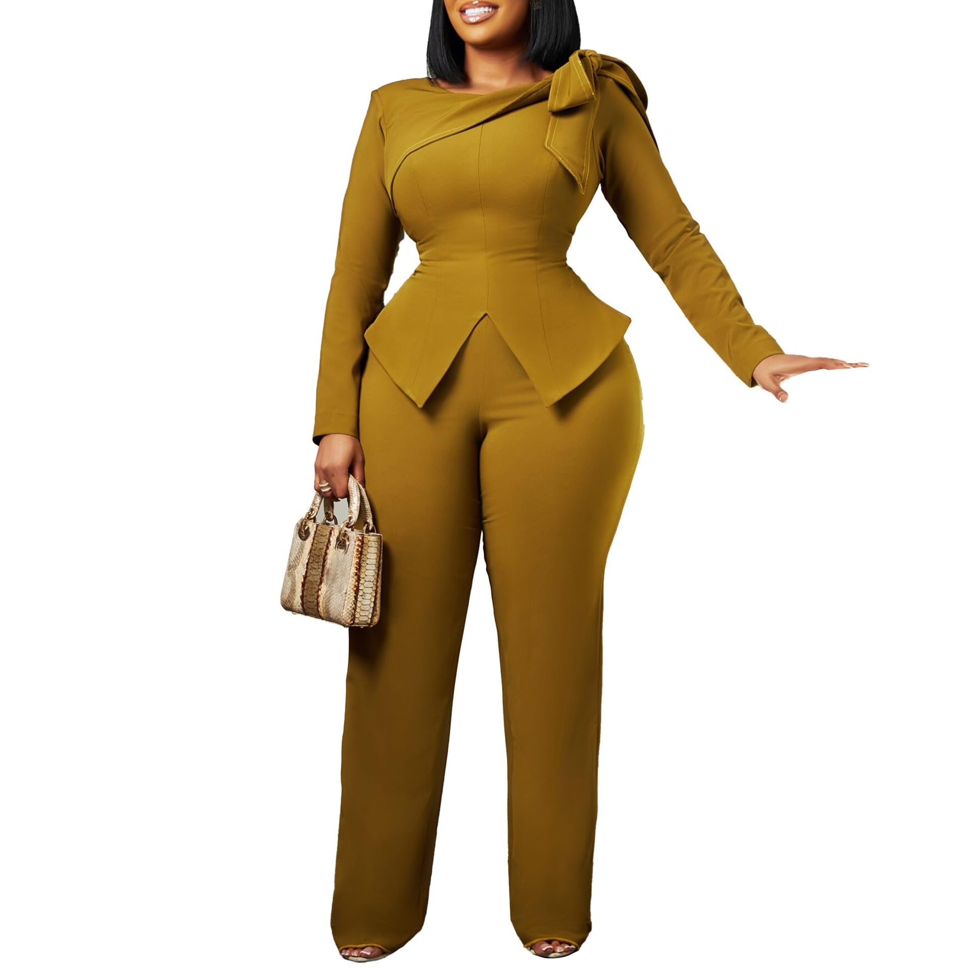 2025 Damen Business Casual 2-teiliges Outfit Rundhals Langarm Schleife Schulter Blazer Top + Slim Fit Lange Hose Set