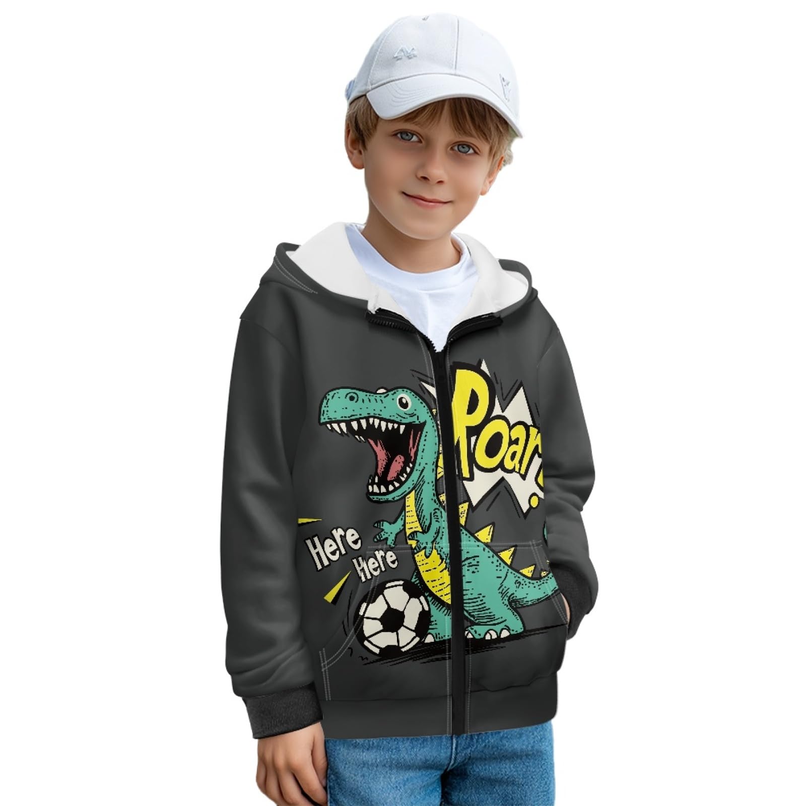 Xoenoiee Dziecięce bluzy z kapturem dla chłopców, zapinana na zamek, bluza 3D, fajna grafika zwierzęca, sweter z długim rękawem, top na jesień i zimę, Czarna kreskówka dinozaur piłka nożna, 9-11 Years