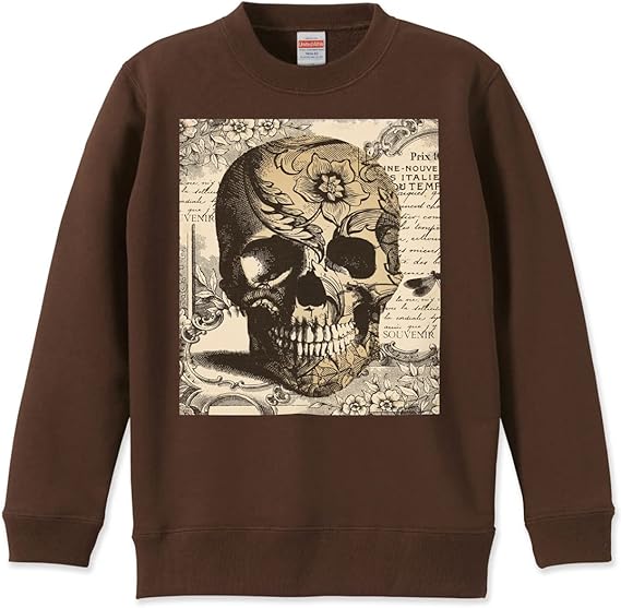 Amazon キッズ トレーナー スウェット 子供用 150 サイズ 長袖 Size 裏パイル ボーイズ ガールズ クルーネック ダークブラウン プリント ユニーク 骸骨 ドクロ 英語 文字 トレーナー パーカー 通販