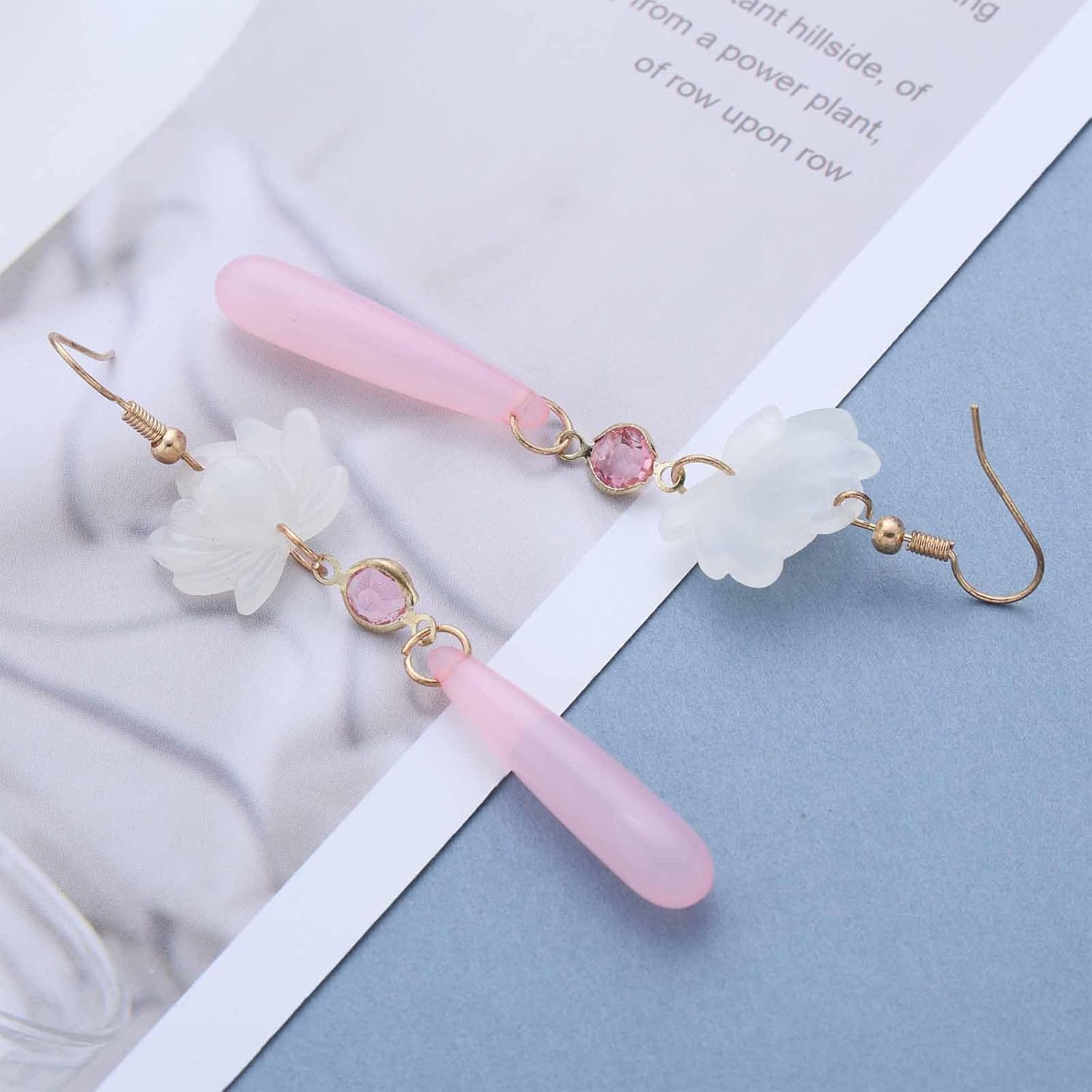 Vintage Lotus Flower Dangle Earrings Pink Floral Drop Earrings Long Teardrop Earring Acrylic Waterdrop Earring Water Lily Jewelry for Women - Image 3