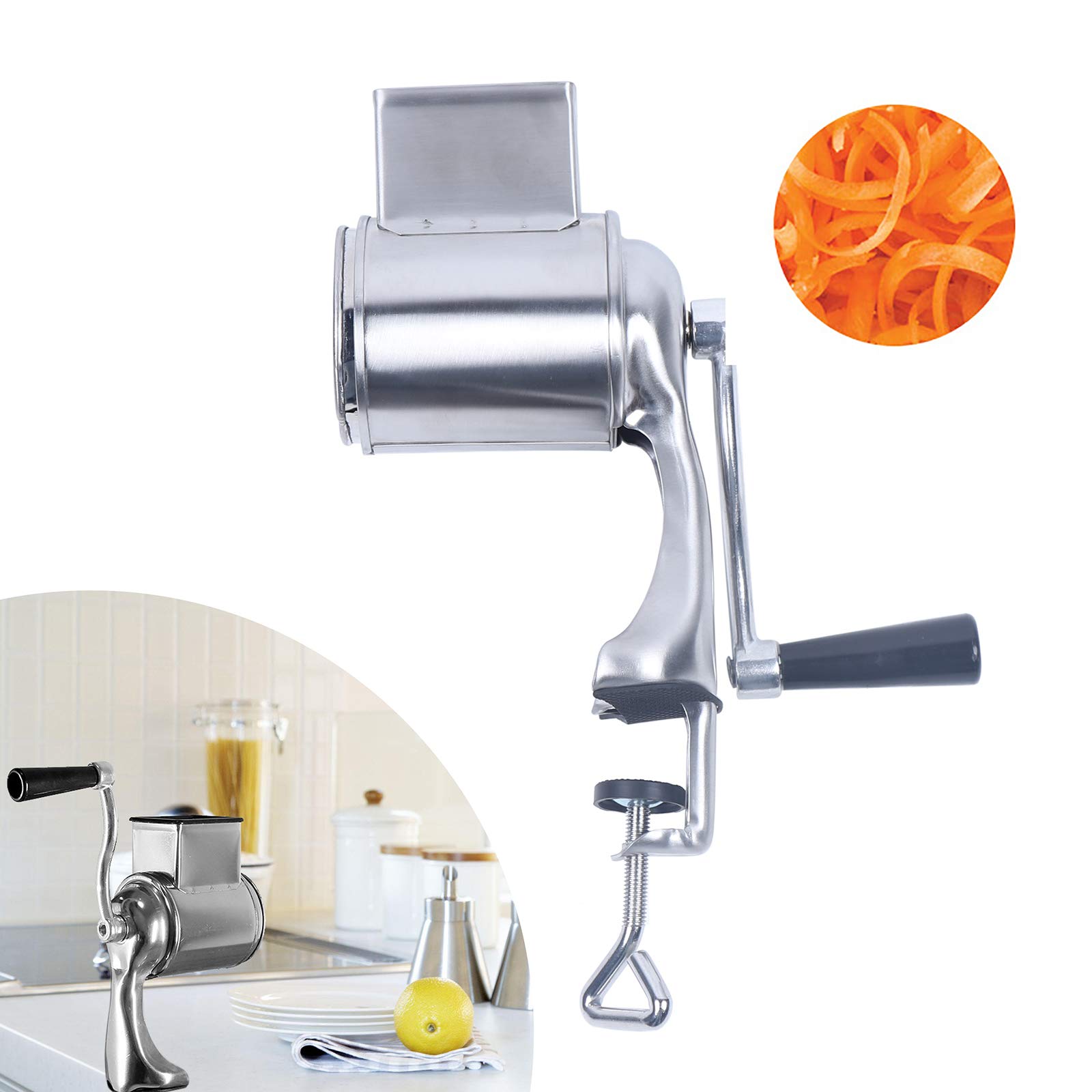 Grattugia manuale per patate a manovella, in acciaio inox, 5 tamburi, per insalata, verdure, cipolla, carote, argento