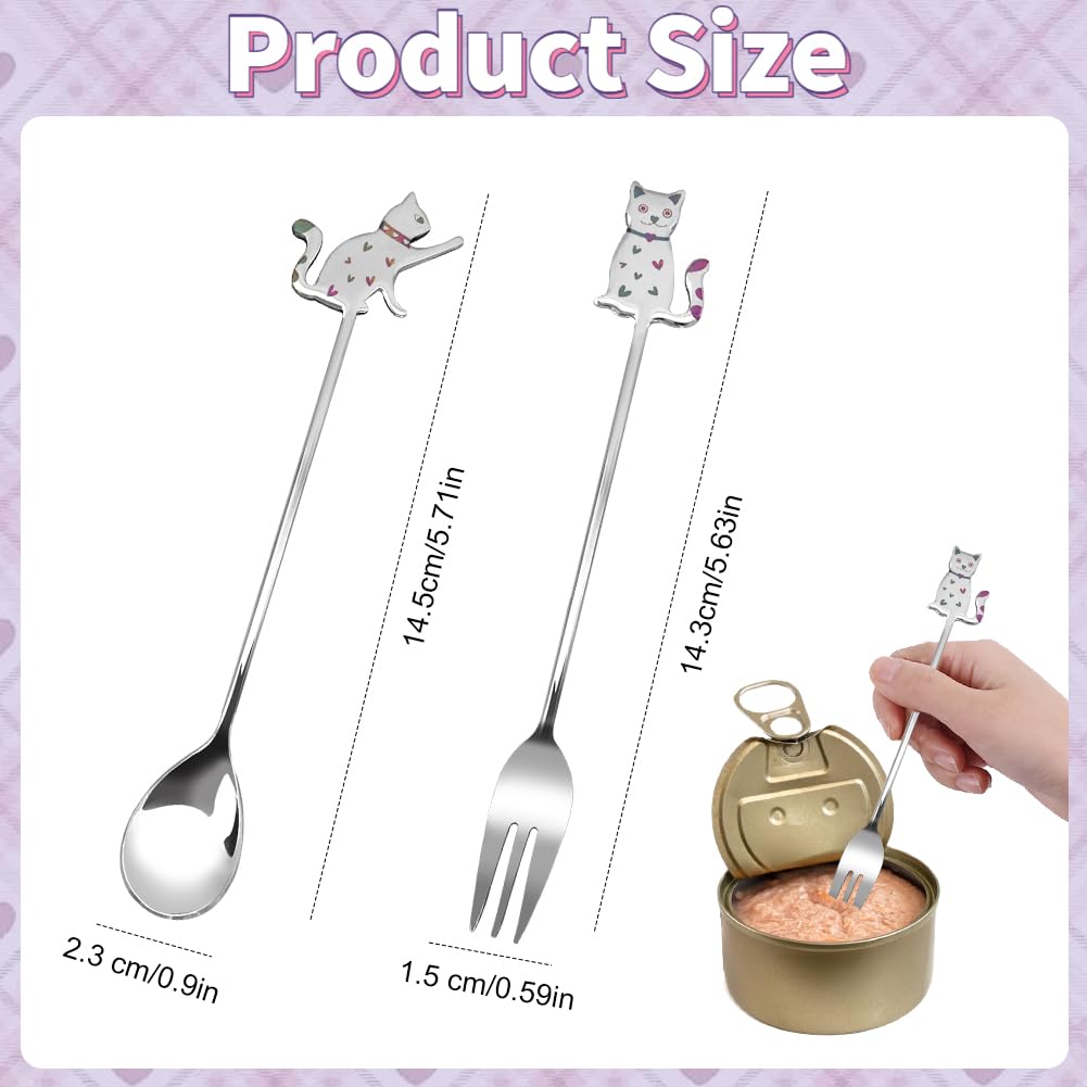Cuillère à friandises pour chat, 2 petites fourchettes et cuillères en acier inoxydable facile à nettoyer ensemble mignon de cuillère de nourriture pour chat pour la nourriture humide en conserve pour