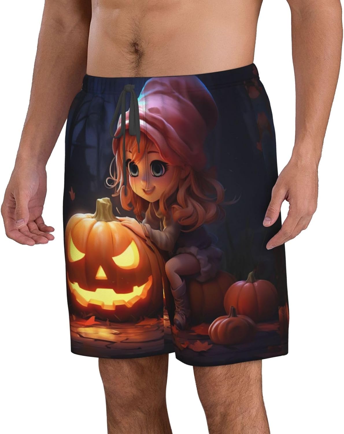 Halloween Cute Pumpkin Print Men's Quick-Drying Shorts Casual Beach Pants Stretch Waist Shorts and Pockets