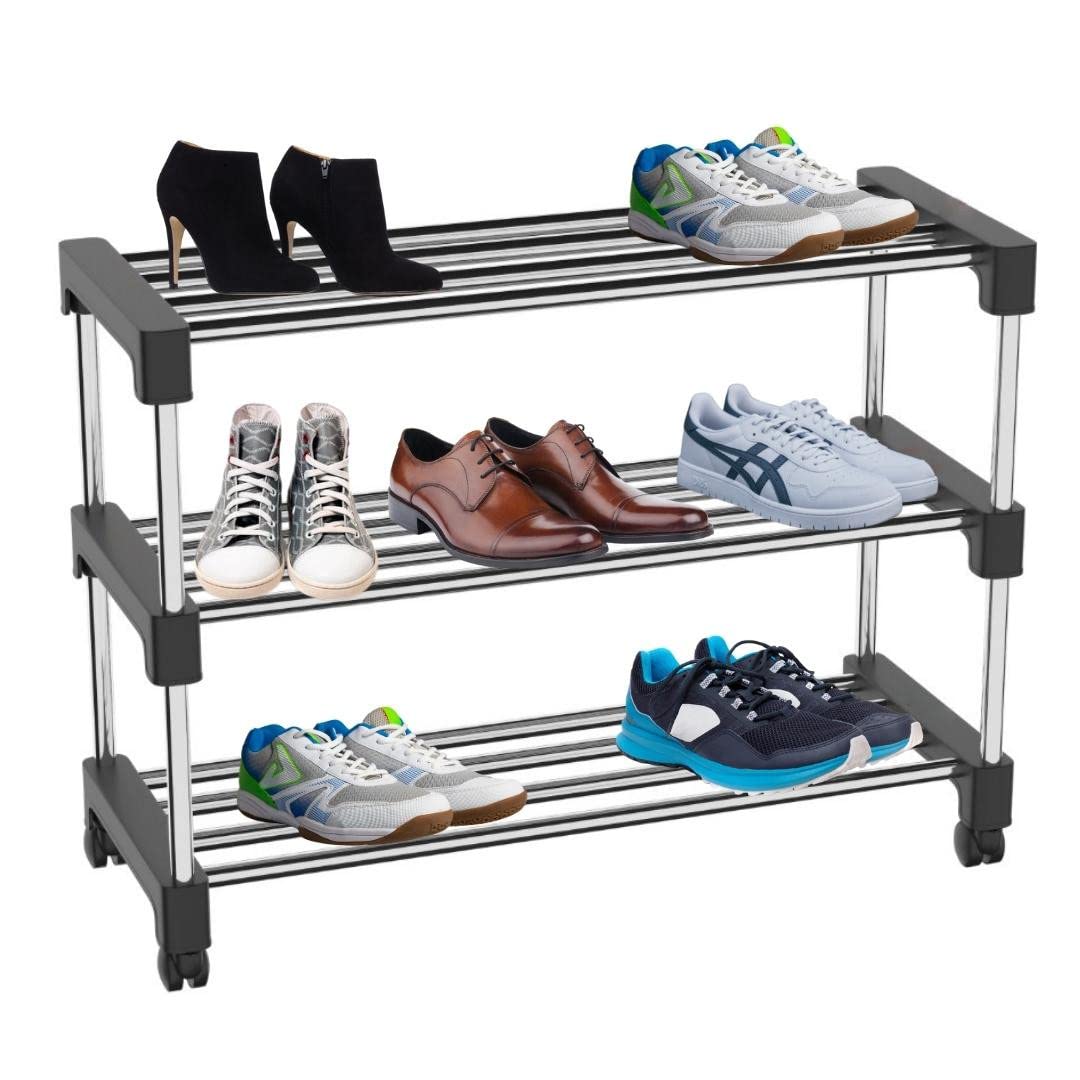 SPOTBIAShoes Rack,Book Rack,& Cloth Rack,Toys Reak,Stainless Steel+ABS,for Home & Office Multipurpose use Movable,Space Saver Shoe Rack (3 Layer, Black)