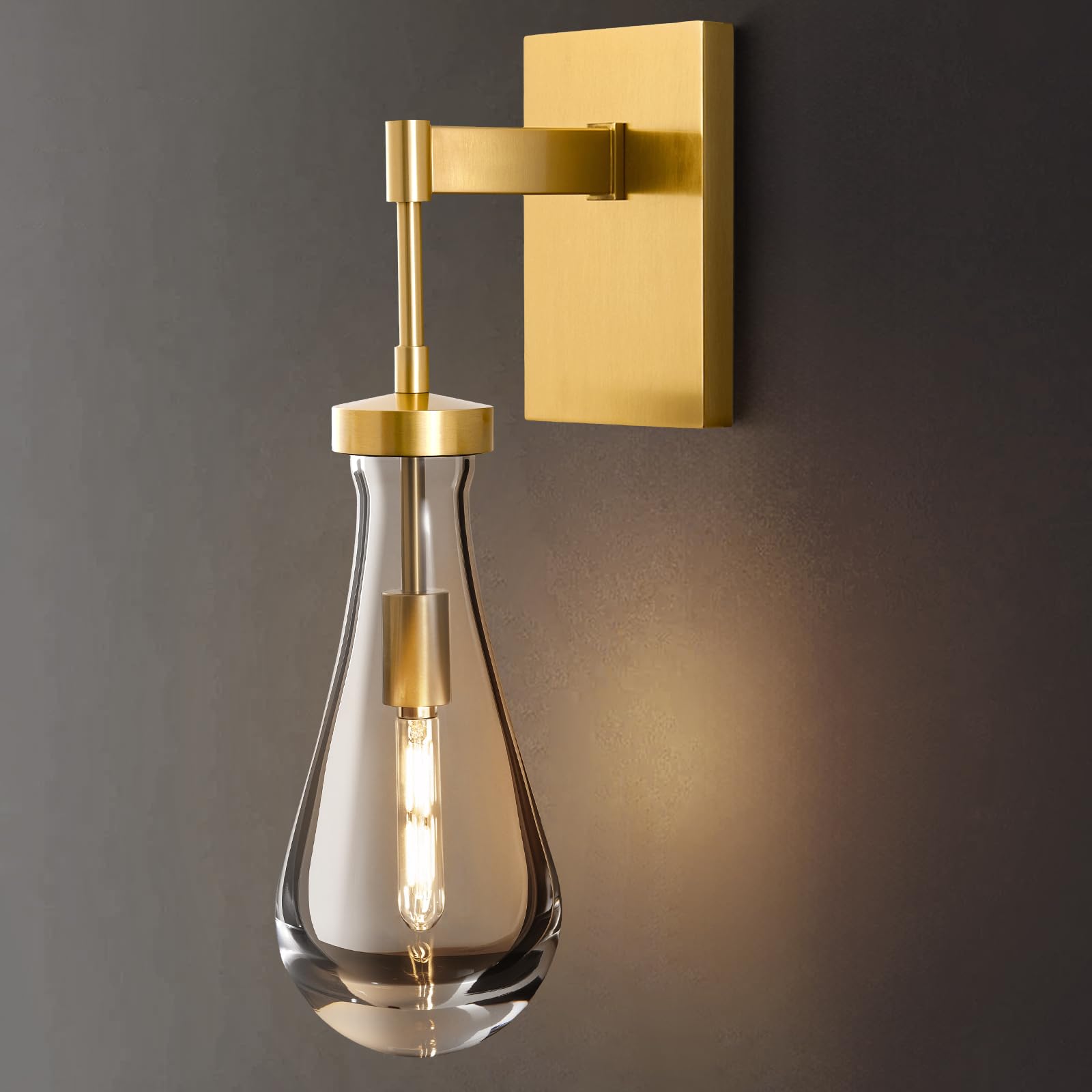 raindrop brass crystal wall sconce: clear solid indoor sconces with bulbs - dimmable vanity lamp - luxury modern gold light fixtures for bedroom living room bathroom hallway bedside lighting
