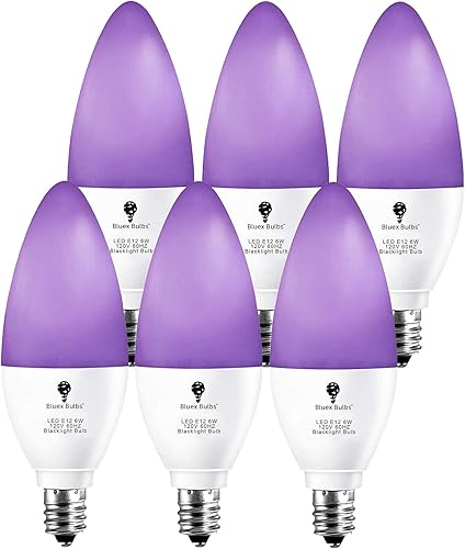 Paquete de 6 bombillas LED negras, 6 W, E12, nivel de bombilla de luz negra, 385-400 nm, pintura corporal, que brilla en la oscuridad, bombilla LED