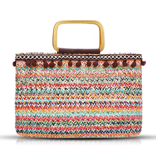 QTKJ Tote Bag for Women, Colorful Straw Bag, Bohemian Hairball Lace, Beach Bag Square carry handle, Summer Bag Suitable for Beach, Travel, Daily Matching