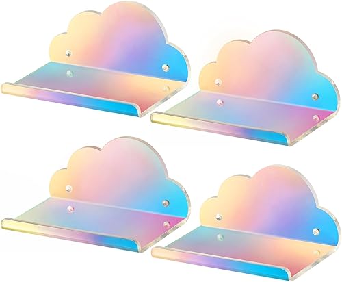 NiHome Estantes flotantes de acrílico iridiscente, paquete de 4 estantes de nube, pequeño estante flotante para pared, montaje en pared y