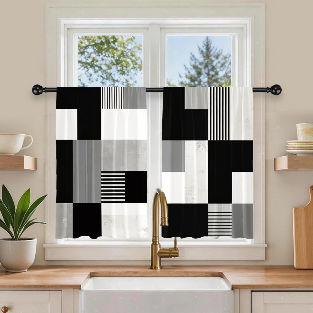 DOODLREAM Geometric Block Printed Polyester Short Kitchen Curtains 27.5" W x 36" L, Rod Pocket Striped Patchwork Curtains, Small Decorative Window Curtains for Bathroom, Living Room, RV, 2 Panels