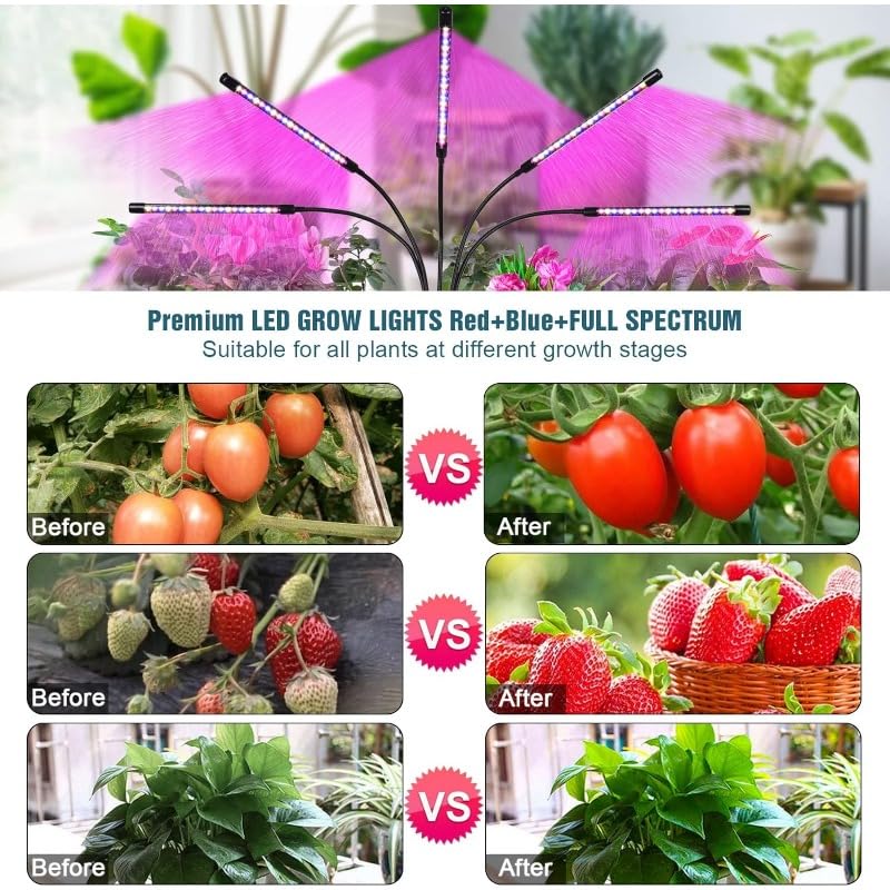 Lámpara de Plantas, Luces de cultivo, luz de plantas de 5 cabezales for plantas de interior, luz de cultivo de espectro completo LED, luz de cultivo de plantas con trípode de 60 pulgadas