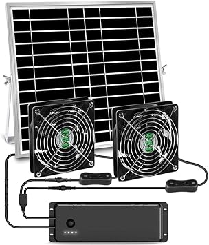Solar Powered Fan with Battery, Rechargeable Solar Fan for Chicken Coop, Greenhouse, Shed, Outside with Two IPX7 Waterproof Exhaust Intake Fans 16.5Ft On/Off Switch Cable
