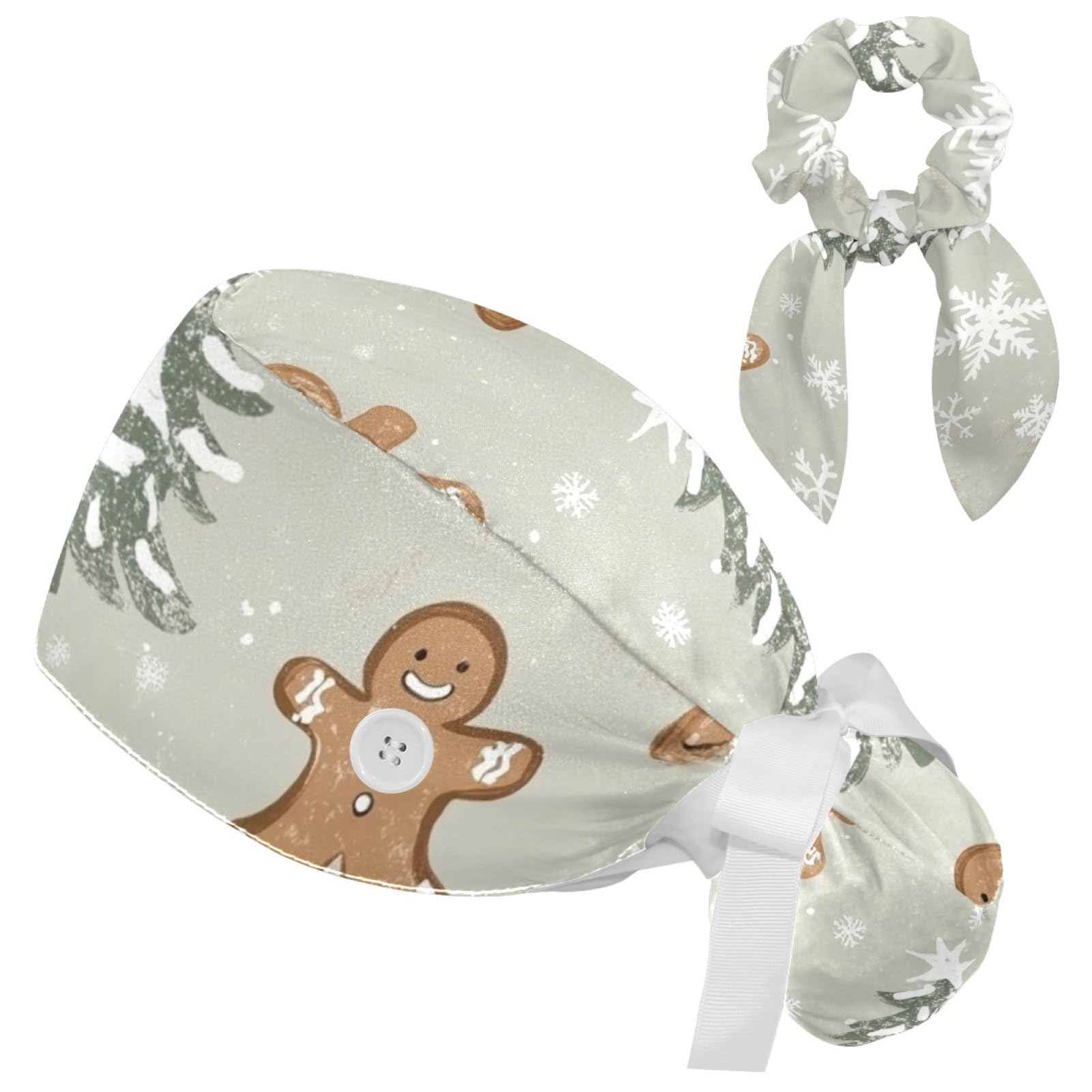 Adjustable Winter Blue Snowflake Surgical Scrub Cap with Button, Ponytail Pouch, Sweatband for Women with Bow Hair Scrunchy