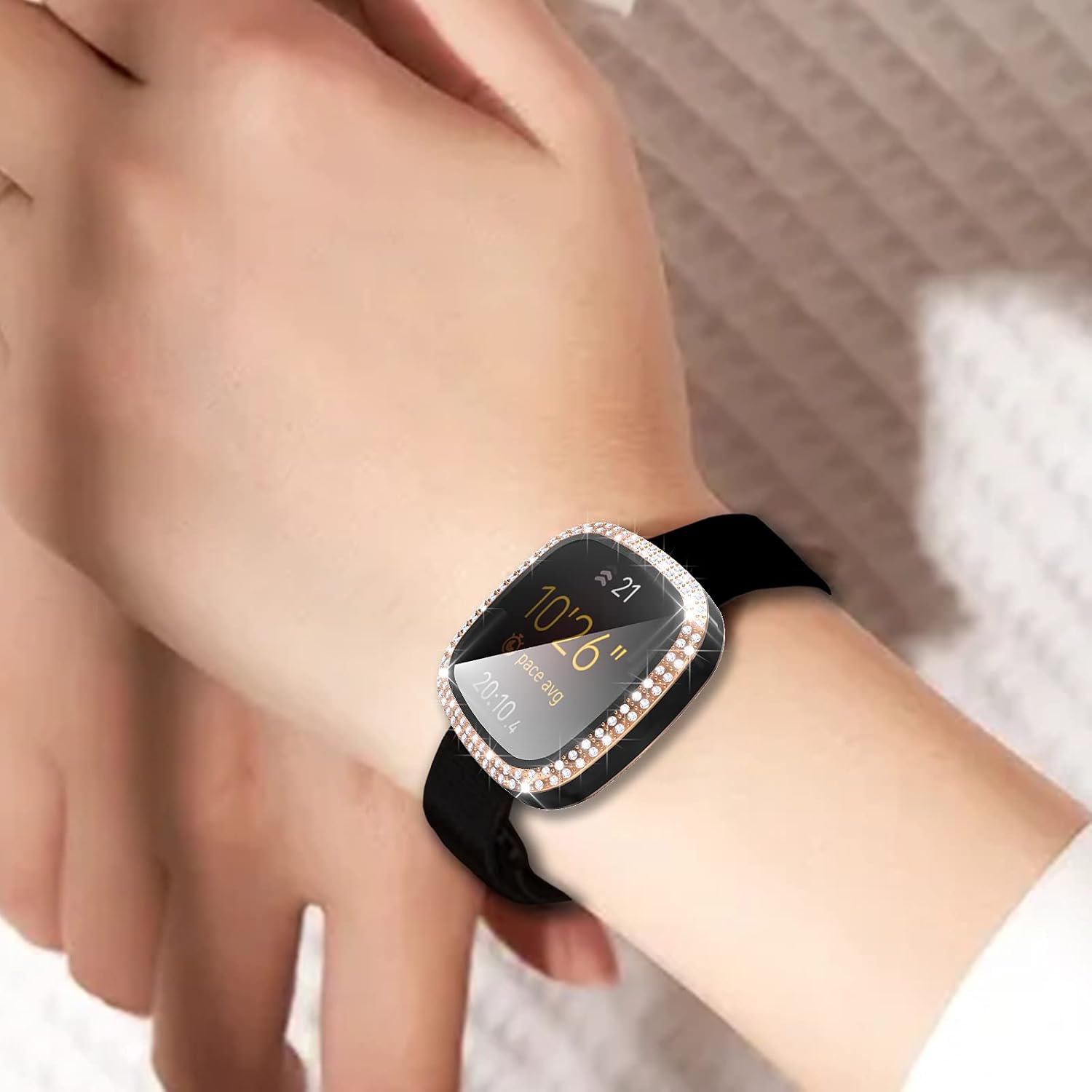 Screen Protector Case Compatible with Fitbit Versa 3 Bling Two Color Double Row Rhinestone Hard PC Case with Tempered Glass Cover for Fitbit Sense Smartwatch (Black, Versa 3/Sense)