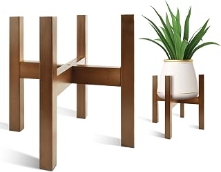 Lissomballon Natural Bamboo Adjustable Plant Stand for 8-12 Inch Pots - Mid-Century Modern Indoor Shelf Decor