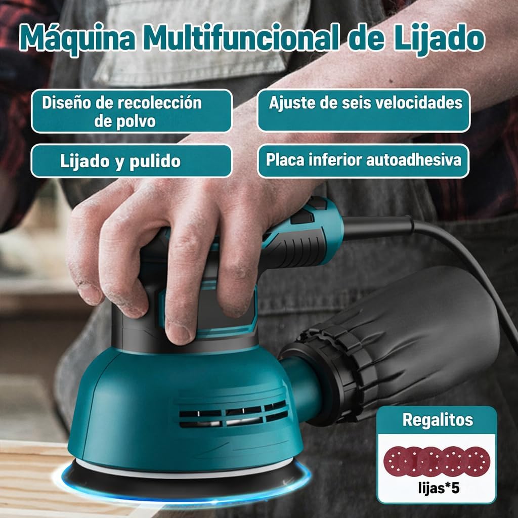 5-Inch Random Orbit Sander, 6 Variable Speeds 12000 RPM Orbital Sander, 3.0 Amp Electric Sander Machine with 5Pcs Sandpapers and Dust Collector for Woodworking Sanding Polishing