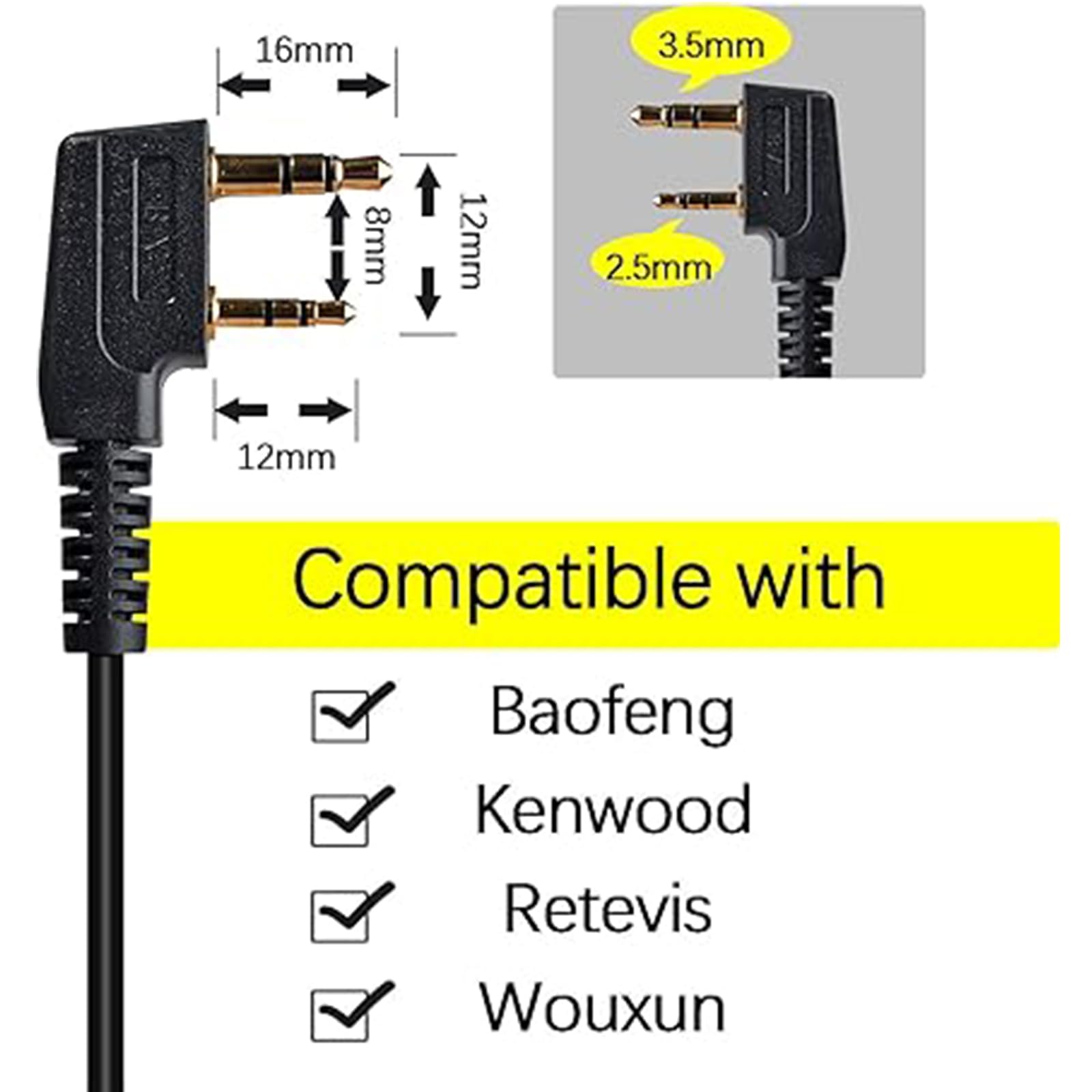 UAYESOK Adapter do słuchawek radiowych, 2-pinowy kabel interfejsu audio AUX Kenwood na 3,5 mm, adapter do zestawu słuchawkowego z PTT, do Baofeng Kenwood Quansheng, 2-drożne radio do elektronicznych