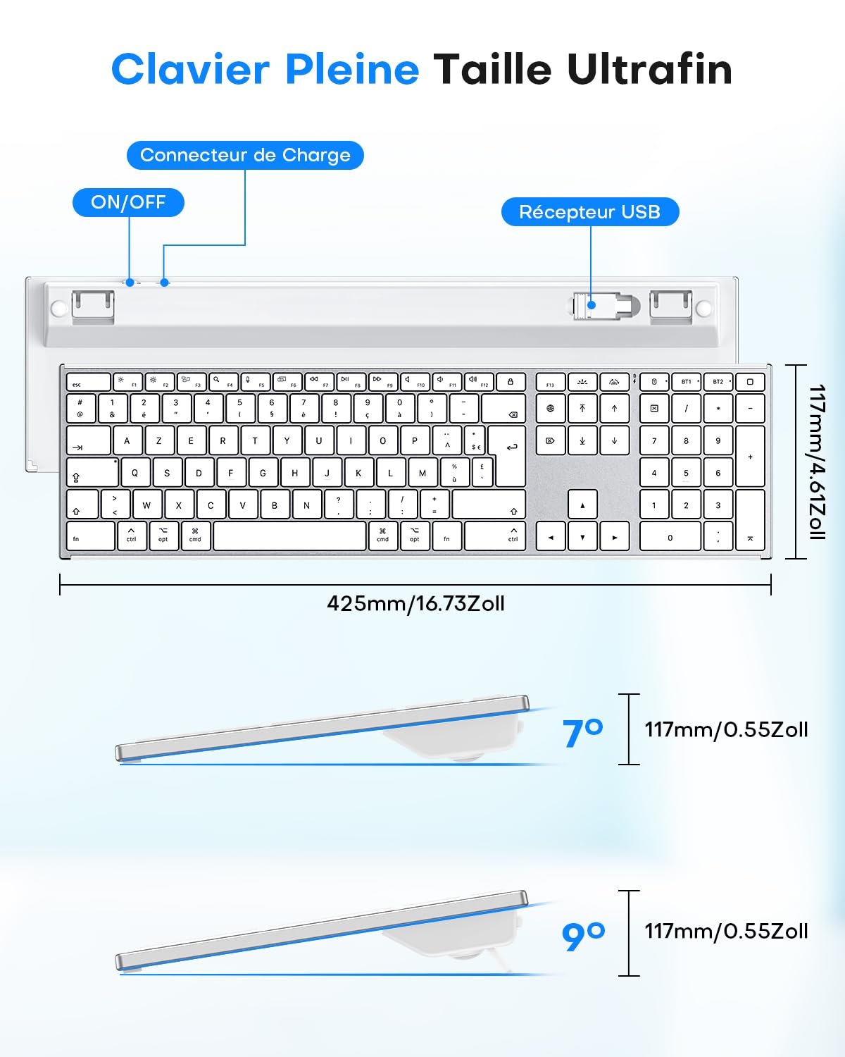 OMOTON Aluminium Clavier sans Fil Mac, 2.4G & Bluetooth (BT1/BT2), Clavier Rétroéclairé AZERTY pour Apple Macbook Pro/Air, Mac Mini, iMac, iMac Pro, Rechargeable Silencieux, Argent